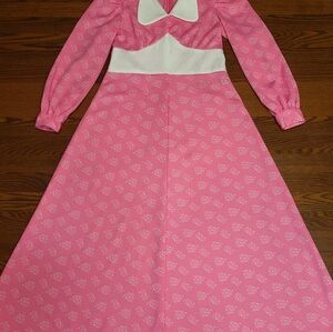 PINK Vintage MCM 60's Handmade FLORAL PRINT Cottage Prairie Maxi Dress sz M-L